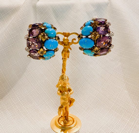 Iradj Moini Large Turquoise & Amethyst Clip on Hoop Earrings