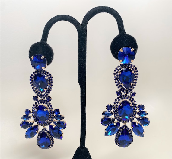 Stunning Sapphire Blue Rhinestone Dangle Long Pierced Earrings