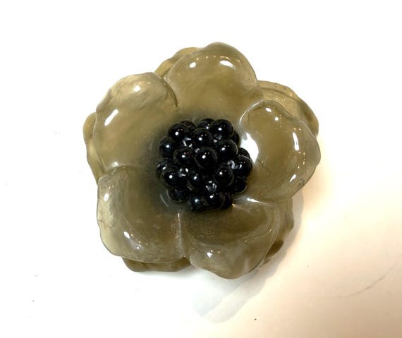 Angela Caputi Olive Green & Black Resin Flower Pin Brooch