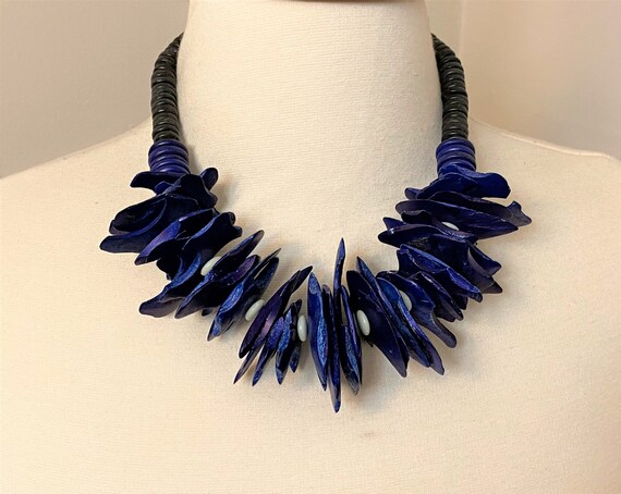 Vintage Blue Dye Wood Chips Statement Necklace
