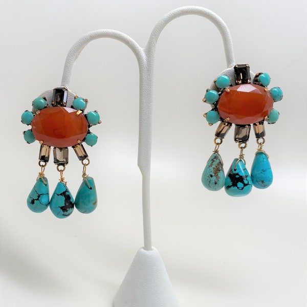 Spectacular Iradj Moini Turquoise & Carnelian Dangle Clip On Earrings