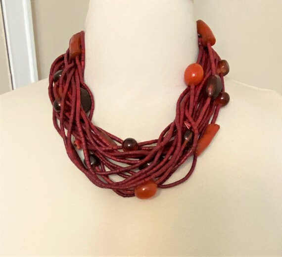 Vintage Dye Coco Beads & Resin Multi Strands Red Necklace