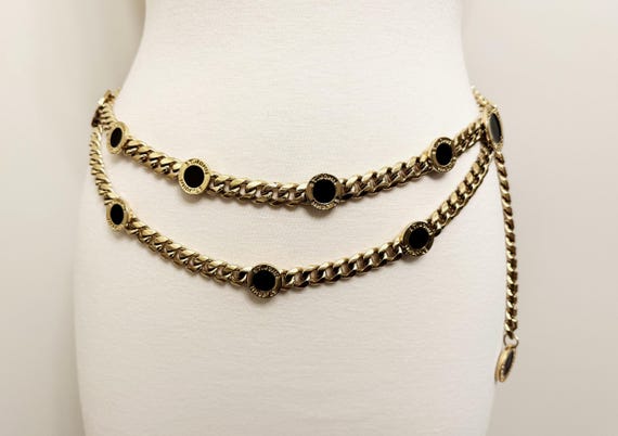 ST JOHN Vintage Medallion Gold Black Enamel Adjustable Chain Belt Logo Belt