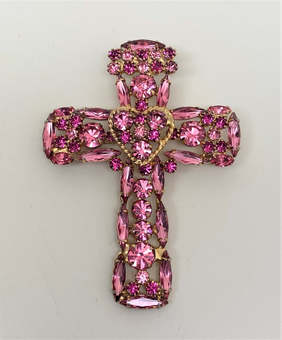 Stunning Vintage Large Pink Rhinestones Cross Bro… - image 3