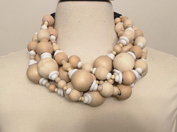 Modern Design Natural Wood Bead & White Acrylic Rings Multi Strand Necklace