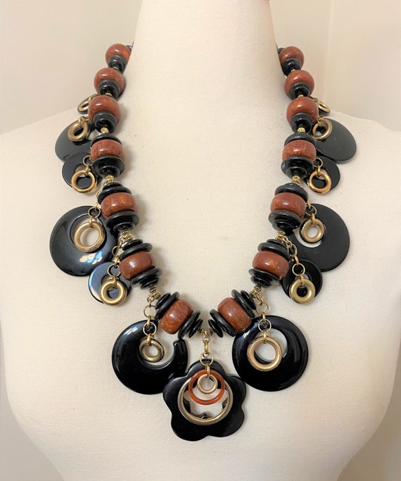 Vintage Dramatic Black Acrylic & Brown With Gold Dust Resin Necklace