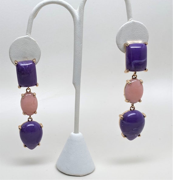 Stunning Purple & Yellow Pink Cabochons Pierced Designer Earrings