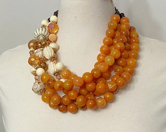 Stunning Light Brown Resin & Cream Color Beads Multi Strand Statement Necklace