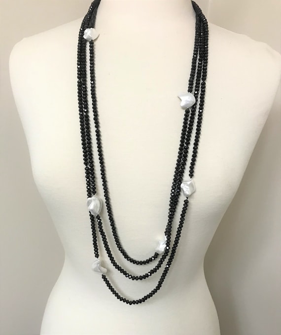Vintage 3 Strand Black Faceted Crystal & Faux Baroque Pearls Long Necklace