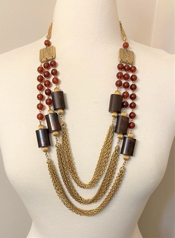 Vintage Egyptian Revival Multi Strand Gold Tone Chains & Brown Lucite Necklace