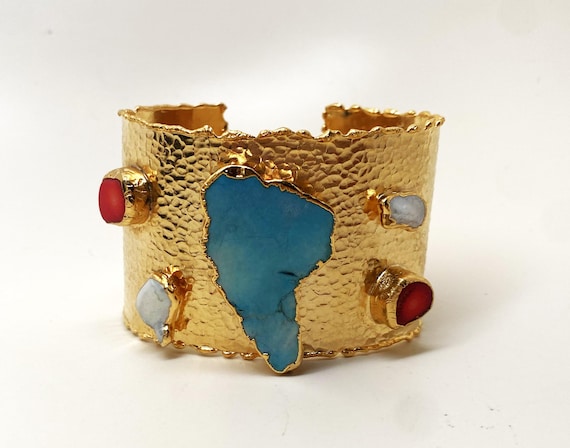 Hand Hammered Gold Tone, Faux Pearl, Coral & Blue Quartz Cuff Bracelet
