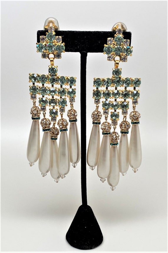 Fab Chris Crouch Moans Couture Art Deco Aqua Rhinestones & faux Pearl Earrings