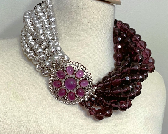 Gorgeous Silver Tone & Amethyst Color Acrylic Beads, Rhinestones Necklace