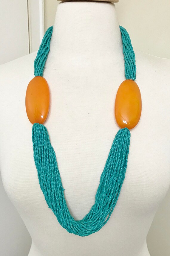 Gorgeous Seeds Multi Strand Turquoise & Butterscotch Resin Long Necklace