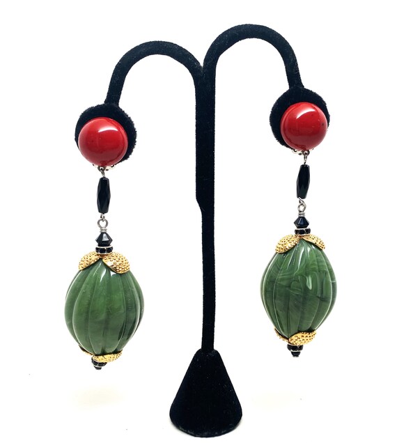 Designer Angela Caputi Gorgeous Red, Black & Green Color Resin Clip On Earrings