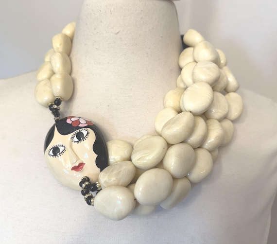 Art Deco Style Enamel Face Mask Cream Color Resin Beads, Rhinestones Necklace