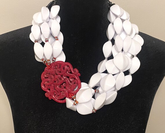 Exquisite White Resin Beads, Rhinestones & Red Dyed Jade Necklace