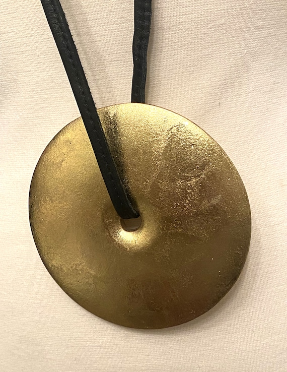 Gorgeous Gerda Lynggaard Monies Leather, Gold Foil Wood Disk Pendant Necklace