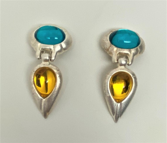 Stunning Satin Silver Tone With Green & Yellow Cabochons Clip On Earrings