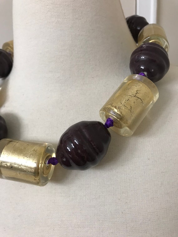 Stunning Couture Lucite Gold Leaf & Purple Beads … - image 6