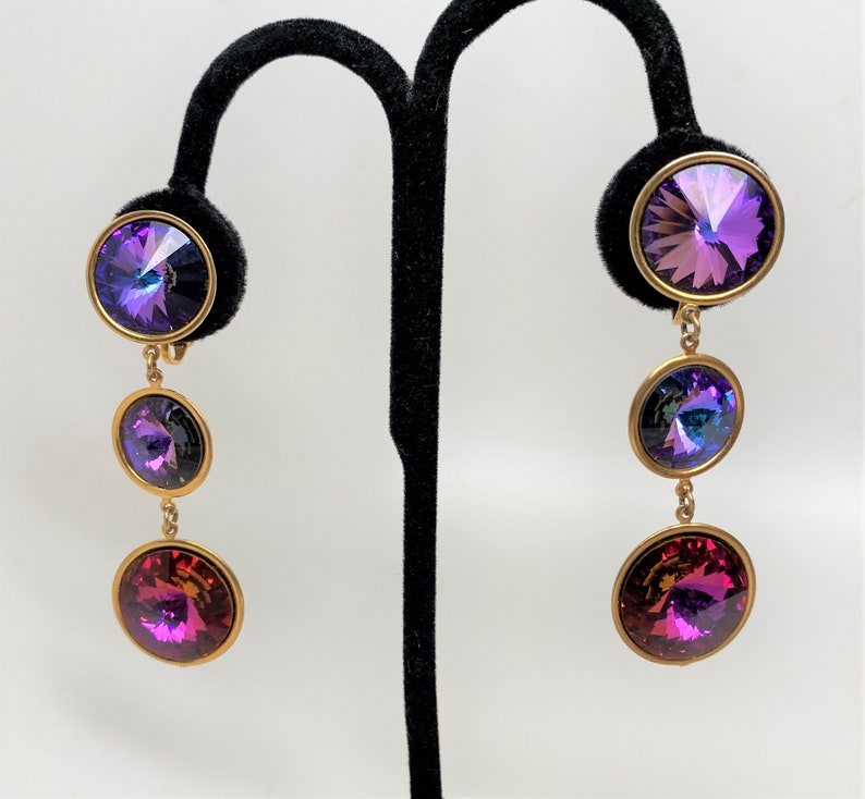 Vintage 80s Wendy Gell Purple /& Fuchsia Cut Crystal Clip On Earrings
