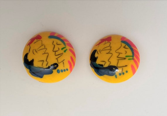 Retro 1960's Yellow Hand Painted Faces Pierced Ea… - image 1