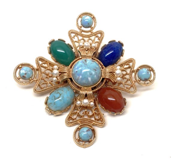 Vintage Filigree Gold Tone, Pearls & Cabochons Pin Brooch