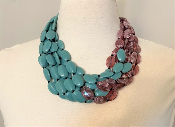 Angela Caputi Multi Strand Pale Green & Mauve Marbleize Flat Oval Beads Necklace
