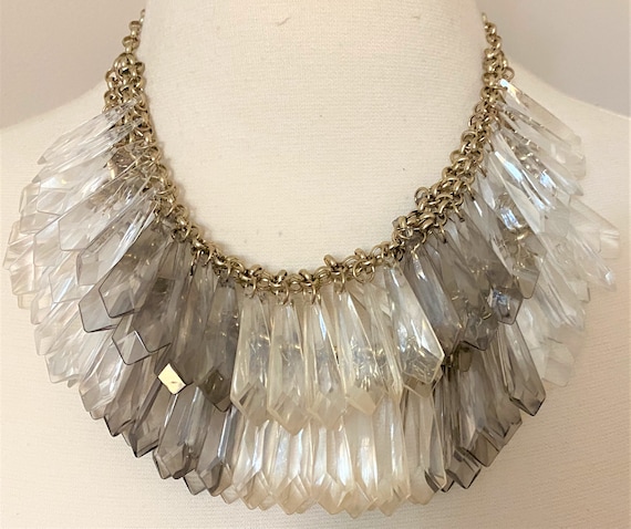 Clear & Gray Lucite Two Strand Fringe Necklace