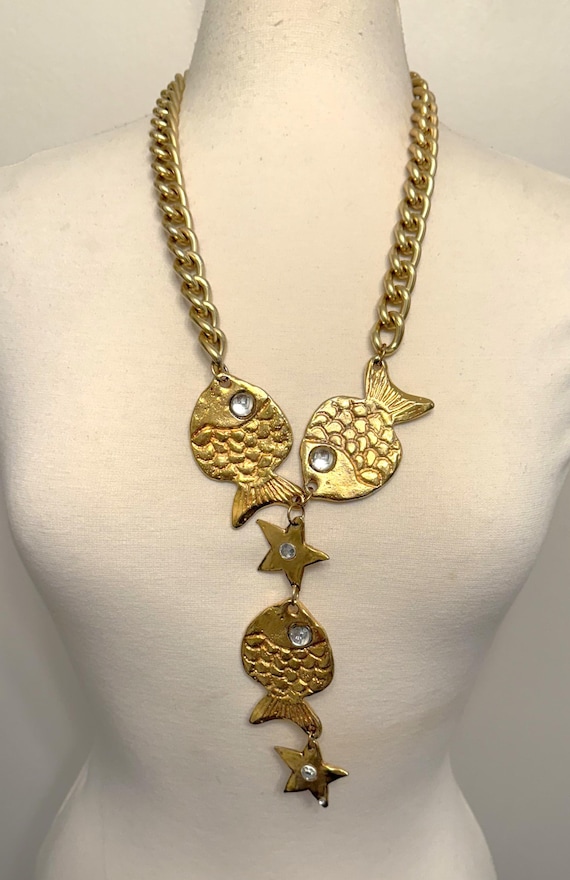 Vintage Viva Paquita France Gold Plated, Clear Cabochon Fish & Star Necklace