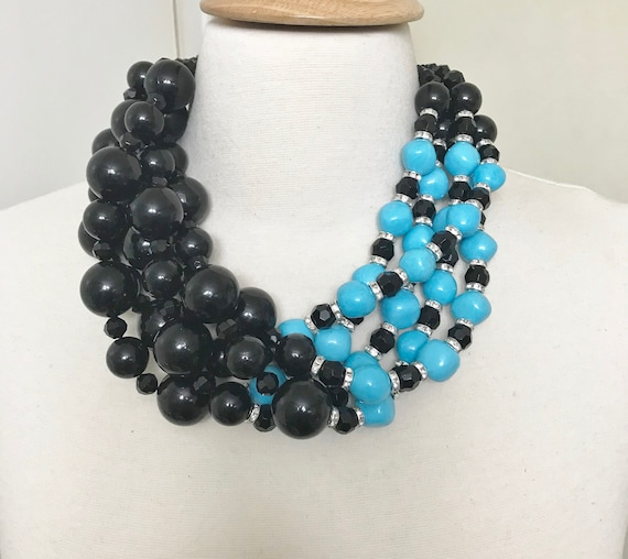 Turquoise & Black W/Rhinestone Rondelles Necklace In The Style of Angela Caputi