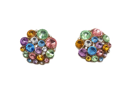Vintage Multi Color Rhinestones Clip on Earrings