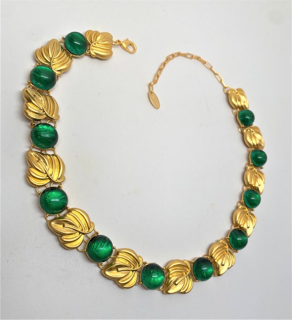 Exquisite necklace with Green Glass Cabochons & Satin Gold Plated Long Necklace