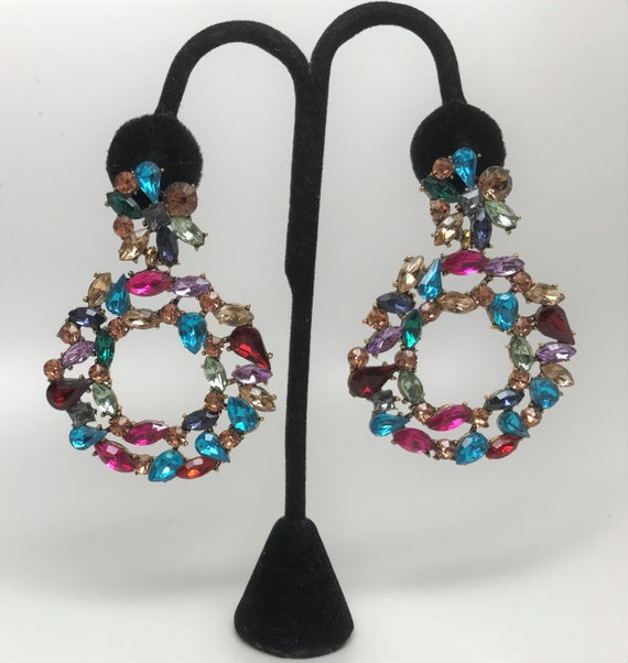 Stunning Assorted Colors Rhinestones Dangle Pierced Large Earrings