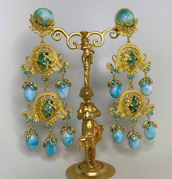 Vibrant Turquoise Glass Cabochon & Blue Rhinestones Long Clip on Earrings