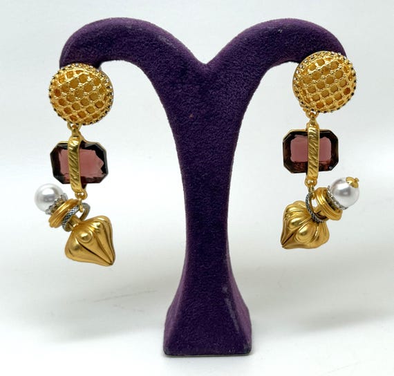 Gold Plated, Amethyst Color Glass & Faux Pearl Dangle Clip on Earrings