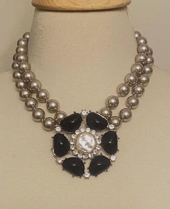 Beautiful Gray Faux Pearl & Blue Resin Two Strand Necklace