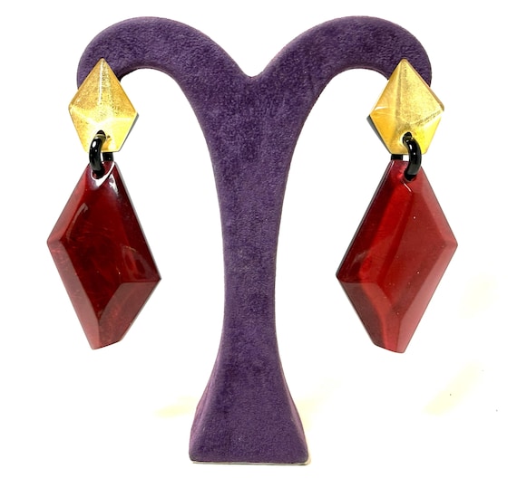 Designer Gerda Lynggaard-Monies Gold & Red Foil Acrylic Statement Earrings