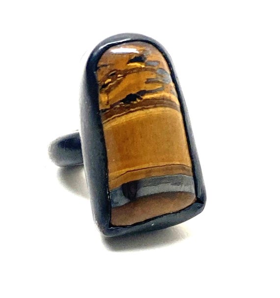 Gerda Lynggaard Monies Unique Oversized Oxidized Copper Tiger Eye Ring 7"
