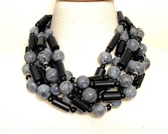 Gorgeous Marbleized Gray Resin & Acrylic Black Tubular Beads Six Strand Necklace