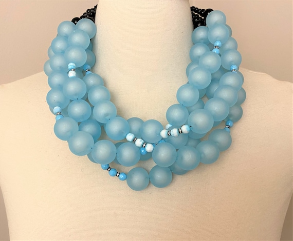 Gorgeous Soft Blue Acrylic Beads With Rhinestone Statement Necklace