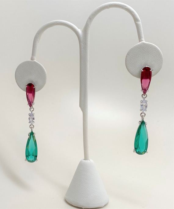 Gorgeous Silver Tone Amethyst & Emerald Green Glass Pierced Dangle Earrings