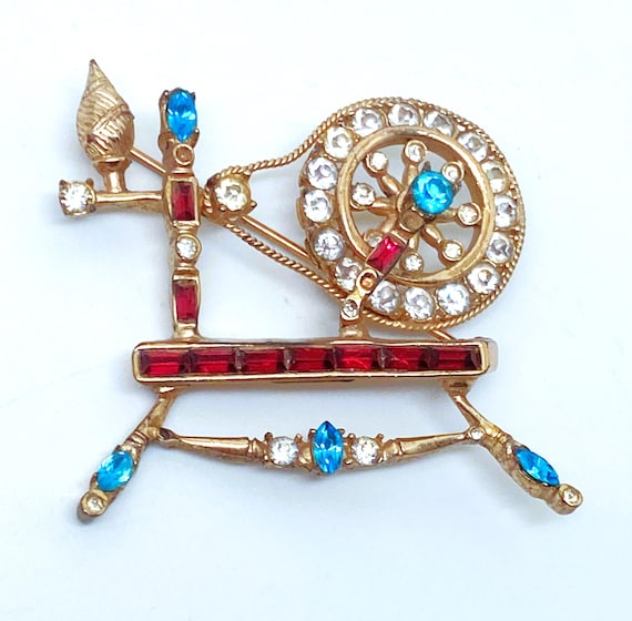 Vintage A. Katz 1948 Coro Rhinestones Spinning Wheel Spool Pin Brooch