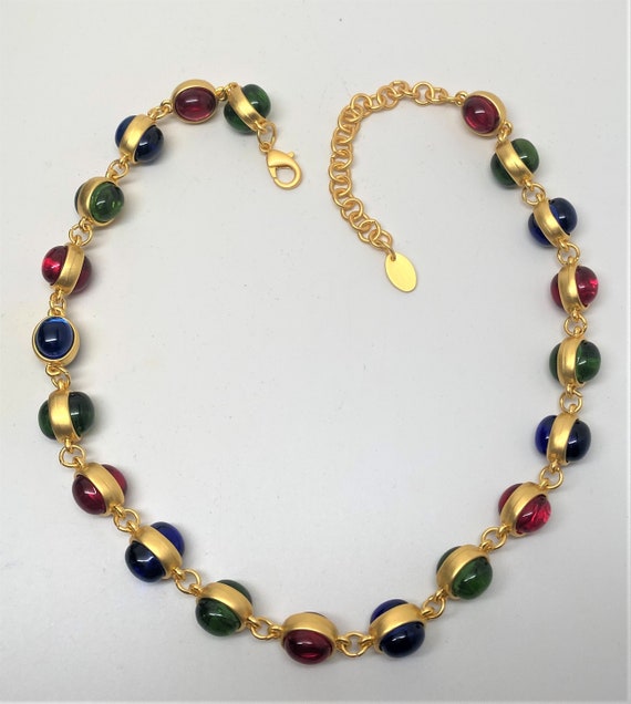 Exquisite Green, Blue & Green Oval Glass Cabochons, Satin Gold Plated Signed Necklace