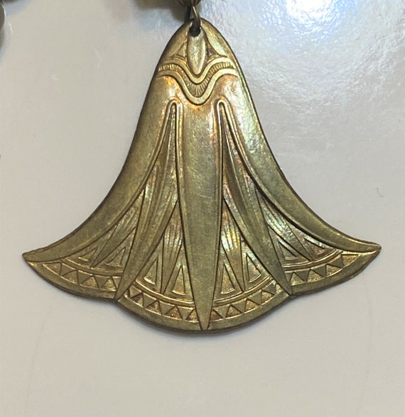 Vintage Art Nouveau Brass Pendant Necklace With G… - image 9