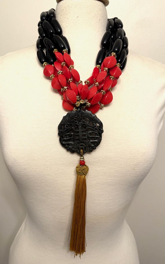Exquisite Black & Red Resin, Carved Black Jade, Silk Tassel Necklace