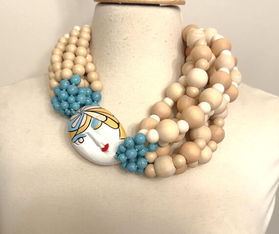 Gorgeous Art Deco Style Enamel Mask, Natural Wood Beads Statement Necklace