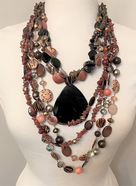 Vintage Brown Glass Beads, Mother of Pearl & Semi Precious Necklace