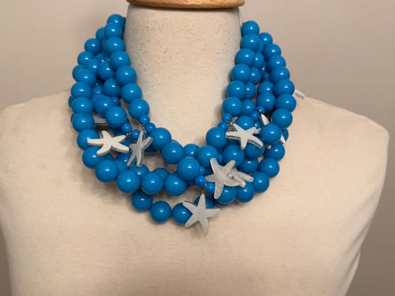 Gorgeous Turquoise Blue & White Star Fish Beads Multi Strand Necklace