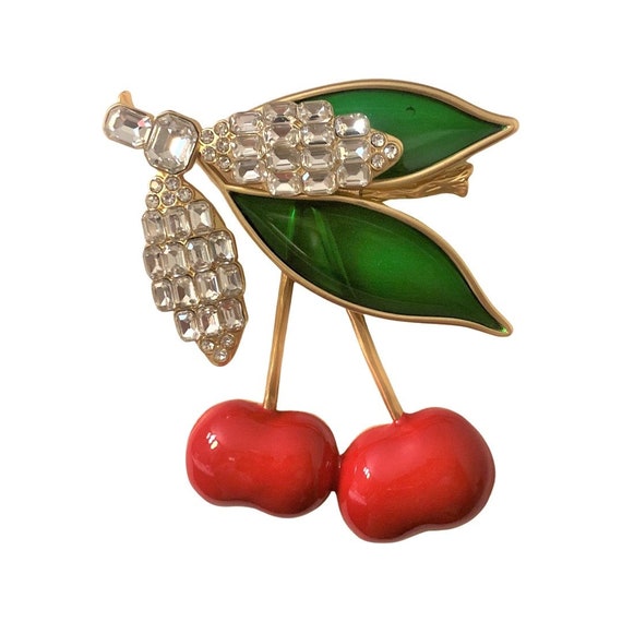 Stunning Enamel Red Cherries, Green Glass & Crystal Rhinestones Pin Brooch